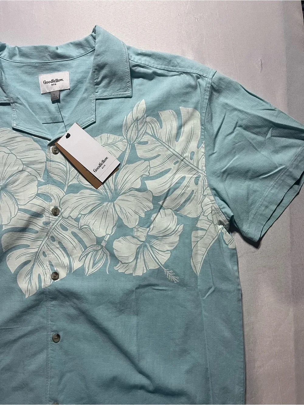 Goodfellow & Co Men’s Large Aqua Blue Tropical Button-Down Short Sleeve Shirt - Picture 1 of 7